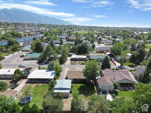 Neighborhood setting with mature trees and mountain backdrop