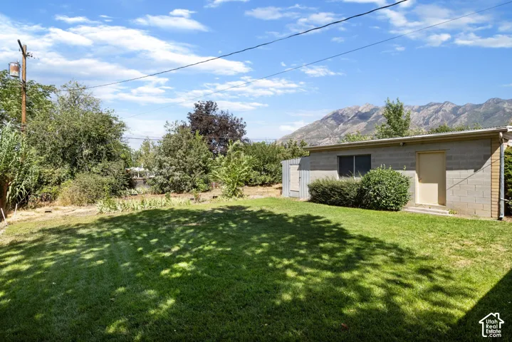 Expansive lawn with mature landscaping and a cinder block auxiliary building