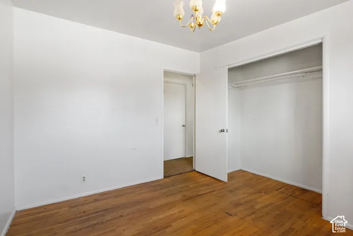 Hardwood flooring, white walls, flush-mounted light fixture, and an open closet with a hanging rod