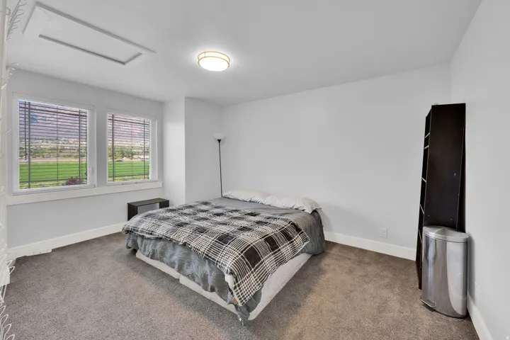 Soft gray wall paint, carpet flooring, dual windows with horizontal blinds, and a flush mount ceiling light