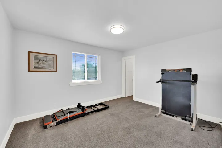 Carpeted room with a ceiling-mounted light fixture, a window with horizontal blinds, and a white interior door