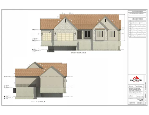 Architectural Blueprint, Elevations. Displaying the front and left side views of the property's design