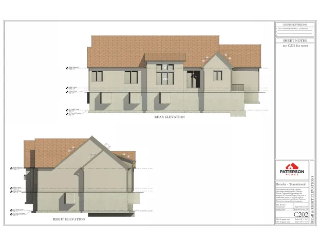 Architectural Drawing. Displaying the rear and right elevations of the property