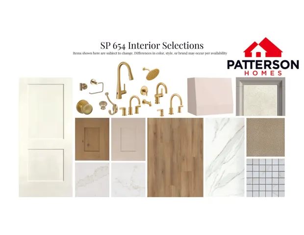 Interior Selections document. Displaying various material and fixture options for the property