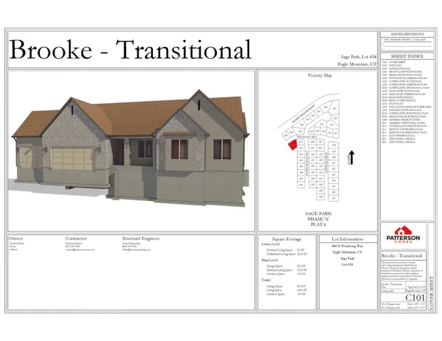 Architectural Plan, Cover Sheet. Illustrating the exterior rendering of the property, including a vicinity map, square footage details, and lot information