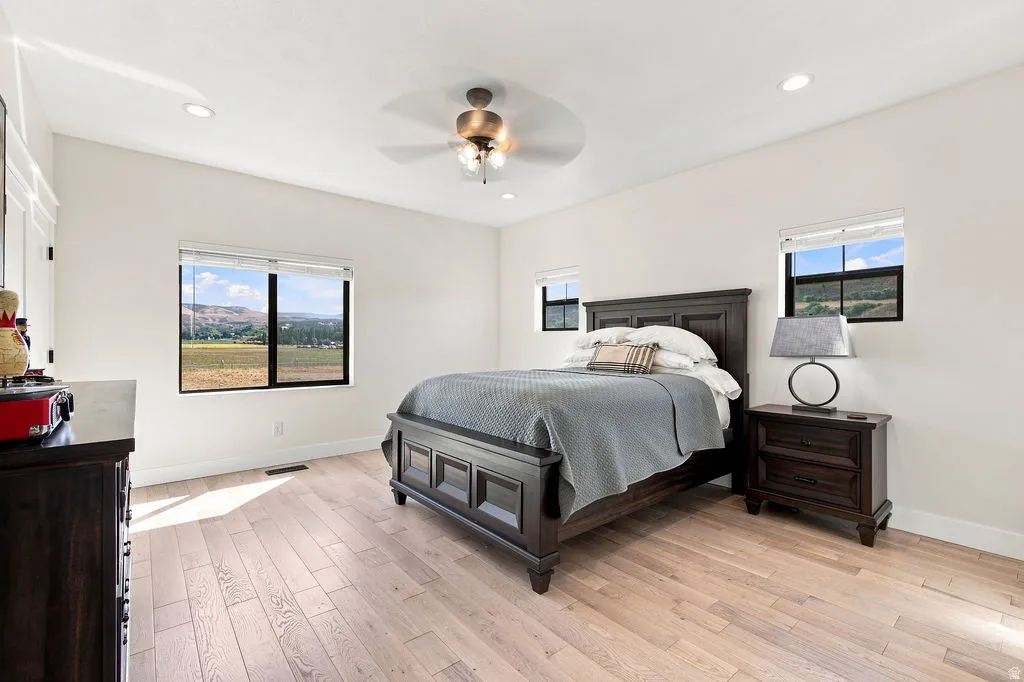 Recessed lighting, light wood-finish flooring, and multiple windows