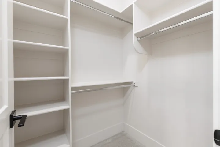 Built-in shelving, multiple hanging rods, white cabinetry, and carpeted flooring