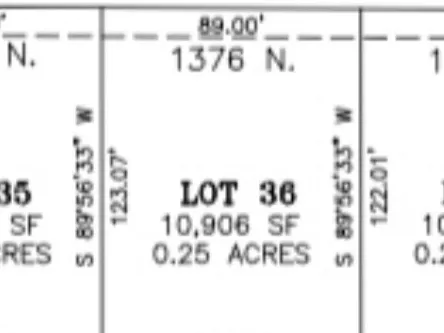 Plat Map, Lot 36. Displaying the lot number, square footage, acreage, and boundary dimensions of the property
