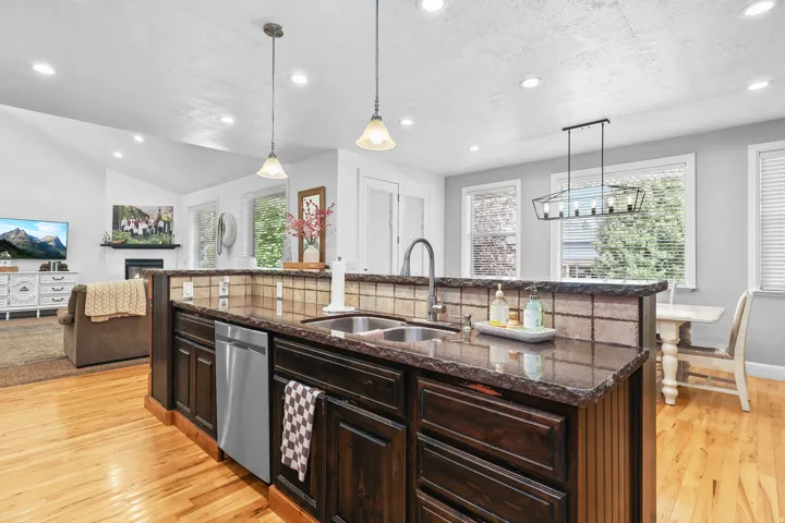 Kitchen island with dark cabinetry, integrated stainless steel dishwasher, and a dual basin sink, complemented by polished wood-finish flooring