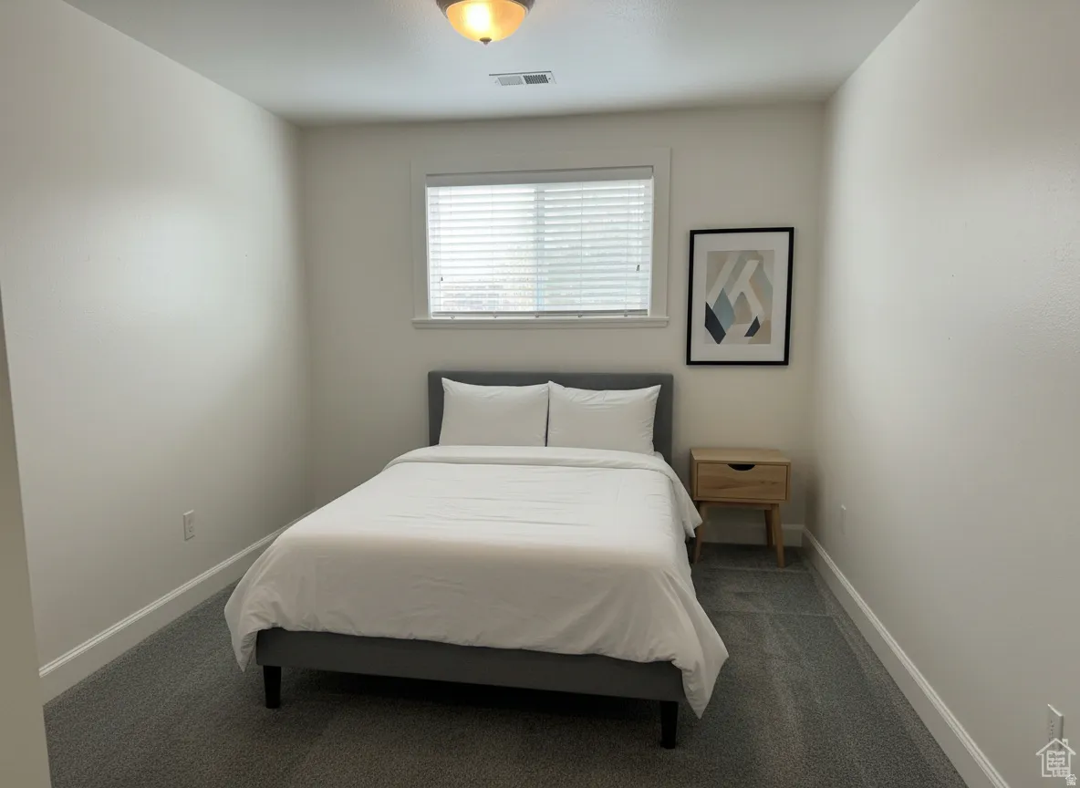 Recessed lighting, wall-to-wall carpeting, and a window with blinds