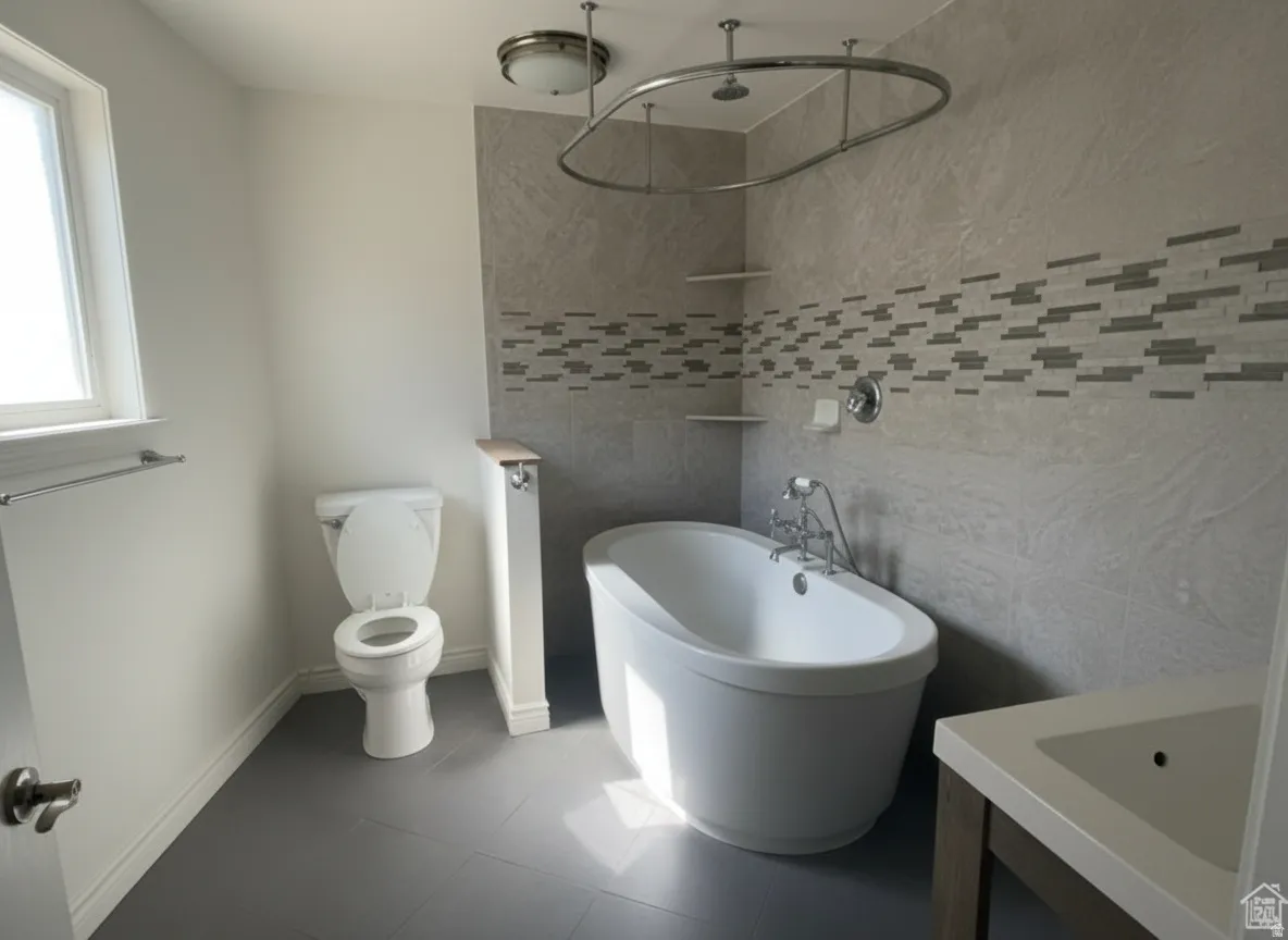 Freestanding soaking tub, gray tile flooring, large window, and wall-mounted shower system