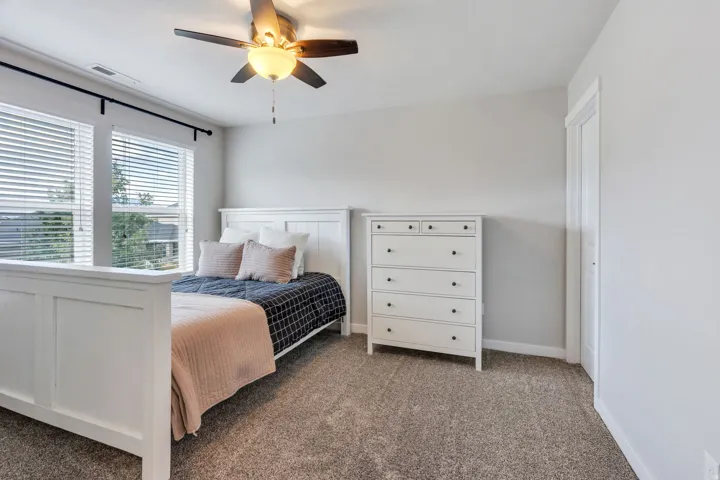 Carpeted bedroom featuring multiple windows, a ceiling fan with integrated lighting, and a white paneled door