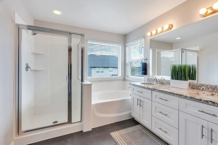 Dual-sink vanity with a granite-style countertop, white cabinetry, and brushed nickel hardware