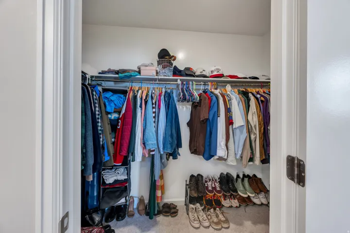 Built-in closet with carpet flooring, upper shelf, and hanging rods