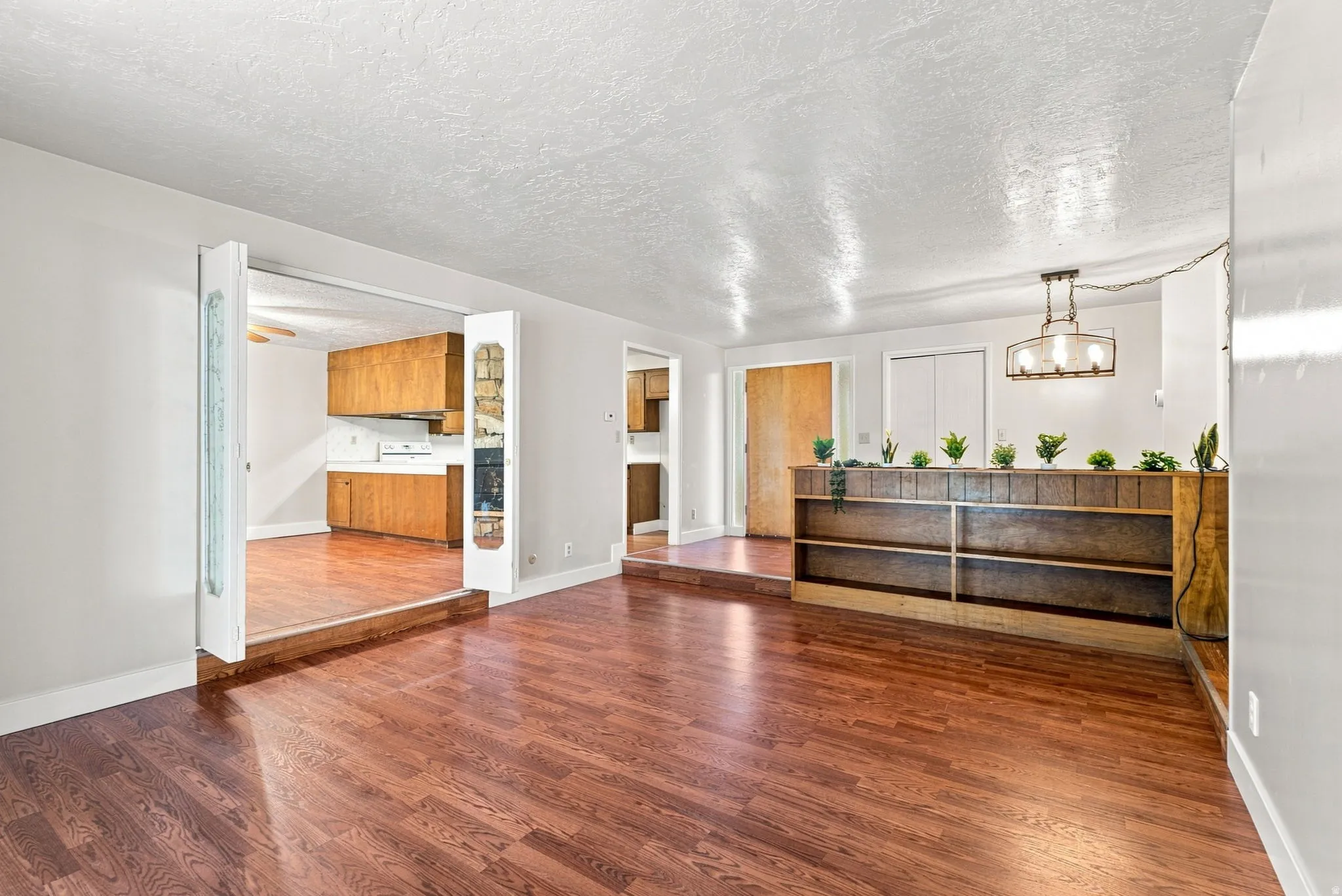 Hardwood-finish flooring throughout, framed doorway with bi-fold doors, built-in shelving, and a prominent ceiling fixture