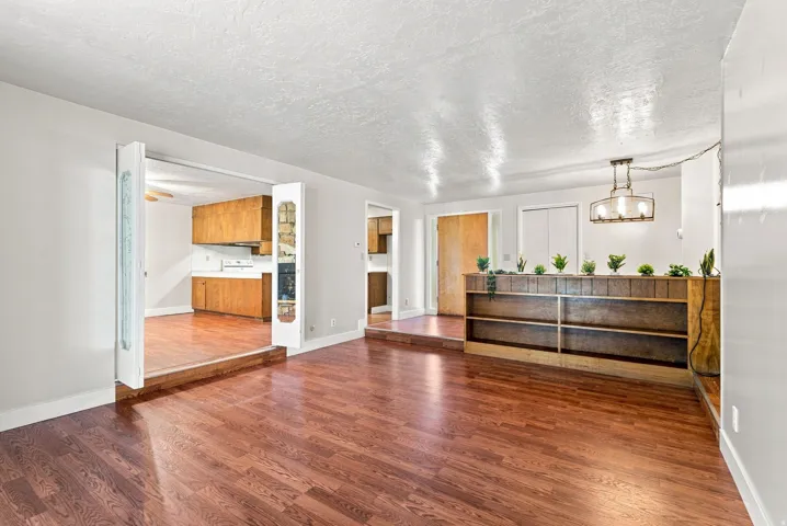 Hardwood-finish flooring throughout, framed doorway with bi-fold doors, built-in shelving, and a prominent ceiling fixture