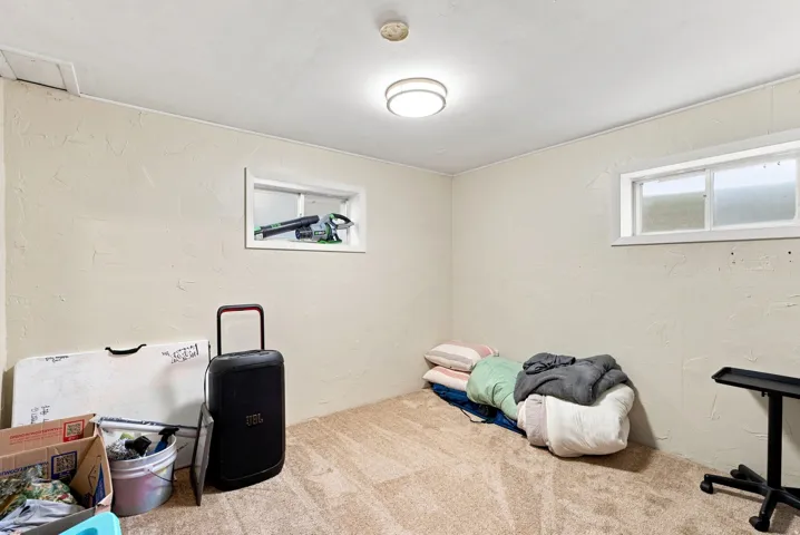 Recessed window opening, window, ceiling-mounted lighting, textured wall finish, and carpeted flooring