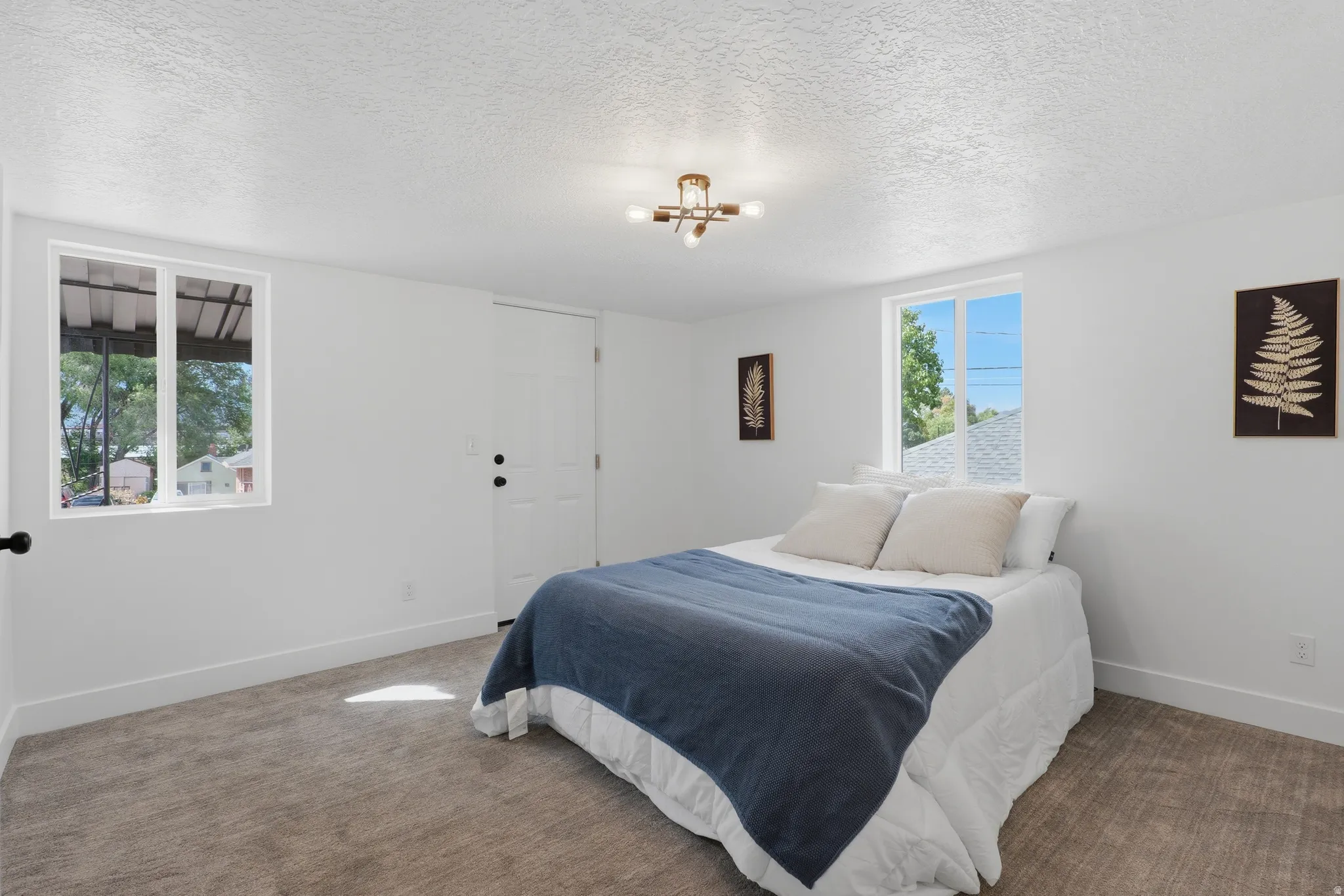 White walls, carpet flooring, and a modern ceiling light fixture