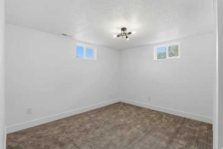 Neutral wall color with a textured ceiling, modern ceiling fixture, two windows, and patterned carpet