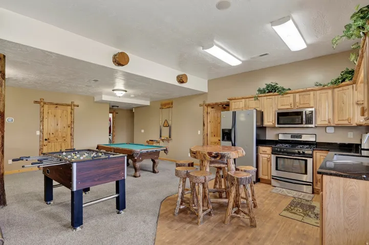 Open-concept entertainment space featuring a full kitchen with wood cabinetry, stainless steel appliances, and dark countertops