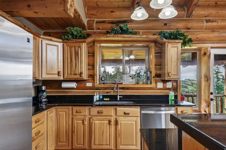 Rustic kitchen featuring natural wood cabinetry, black countertops, stainless steel appliances, and a double-hung window