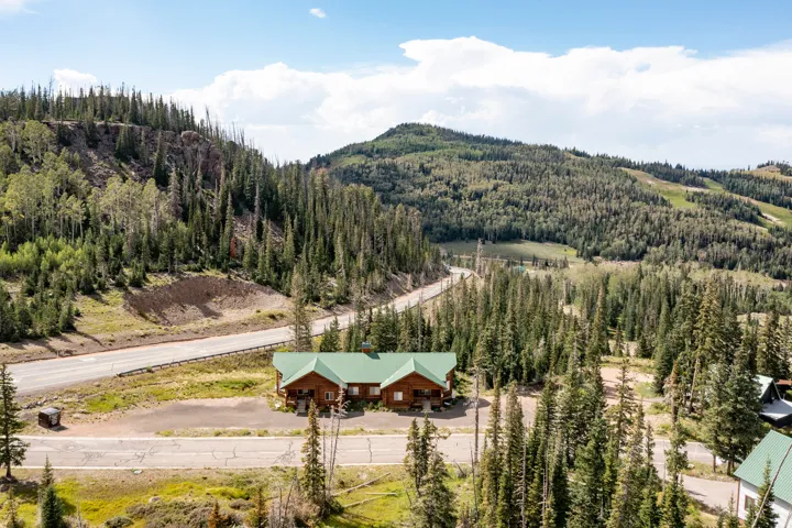 Log cabin-style building with a green roof, set against a backdrop of forested mountains and winding roads