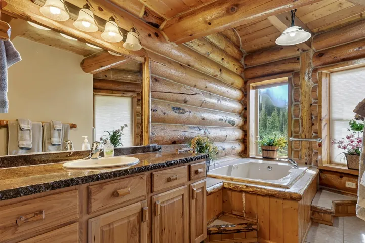 Log-style wall construction and ceiling beams