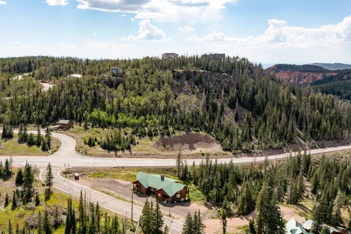 Wooded mountain terrain featuring a paved road, several structures, and varying elevations