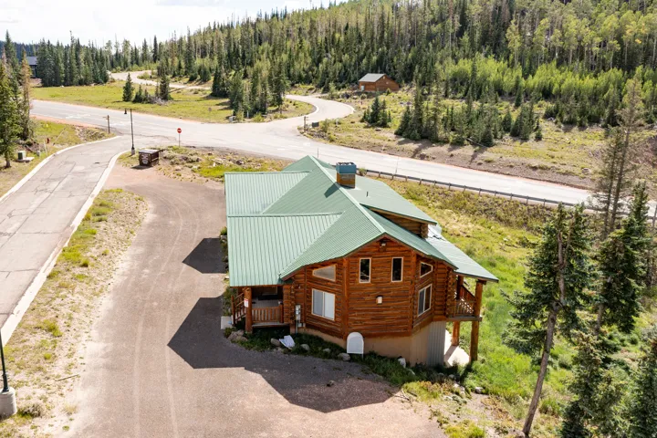 Log-style exterior construction with a green metal roof