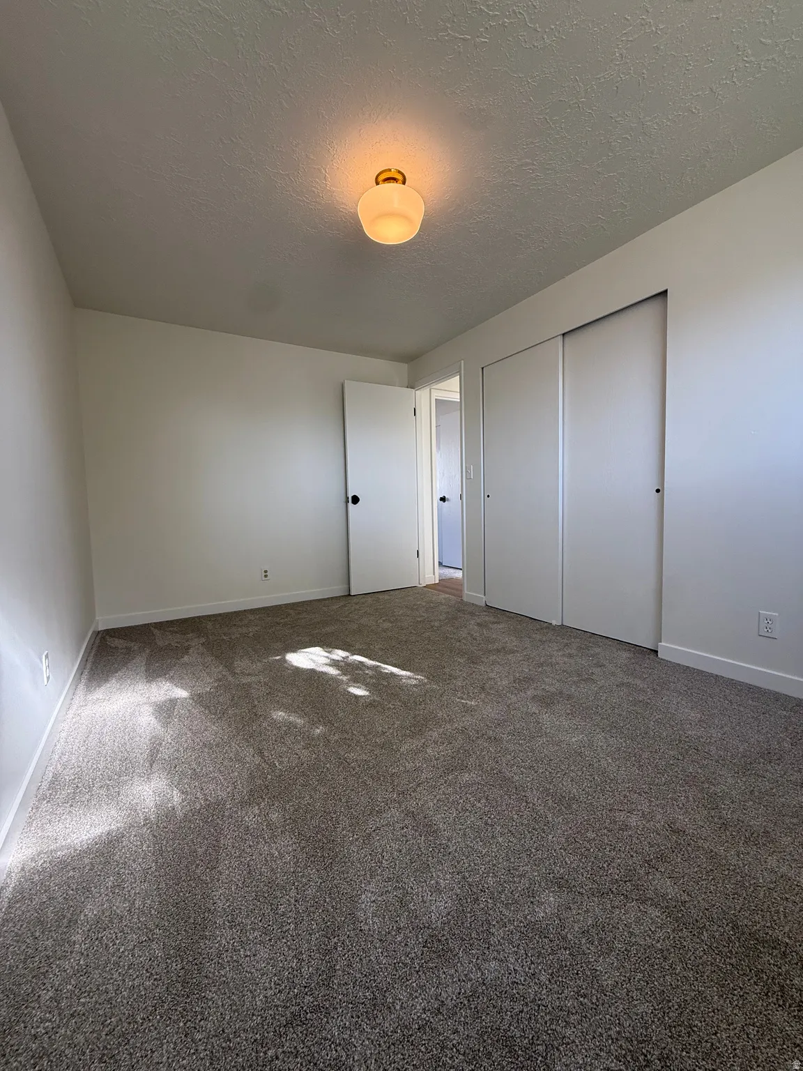 Neutral-toned carpeting, white walls, and a flush-mount ceiling light fixture