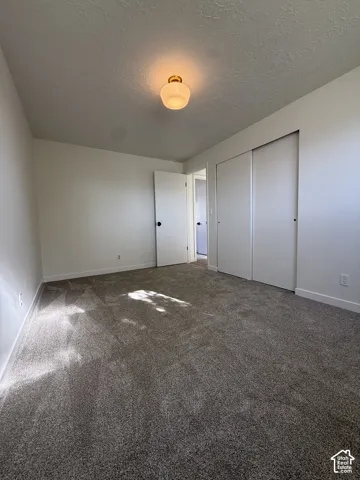 Neutral-toned carpeting, white walls, and a flush-mount ceiling light fixture