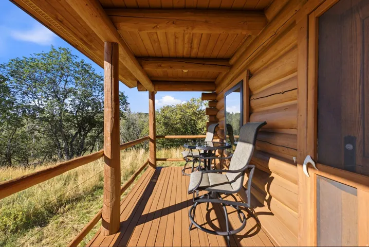 Wood-planked porch with log posts, railings, and wood-finish decking
