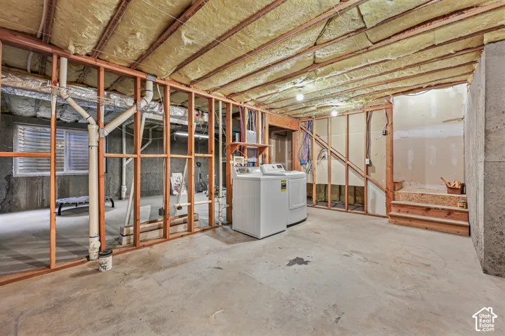 Unfinished basement and laundry area