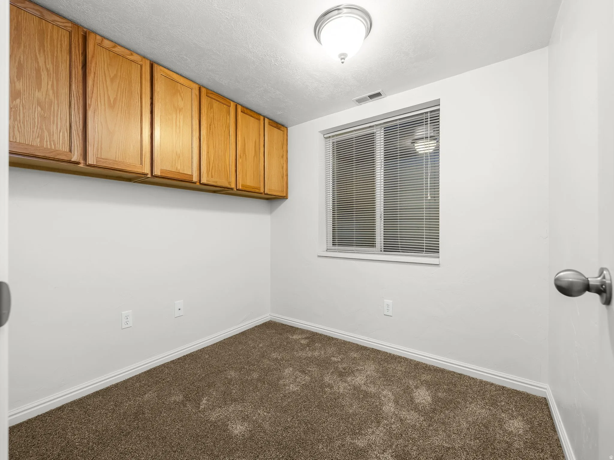 Wall-mounted wood-finish cabinetry, neutral carpeting, and a window with blinds