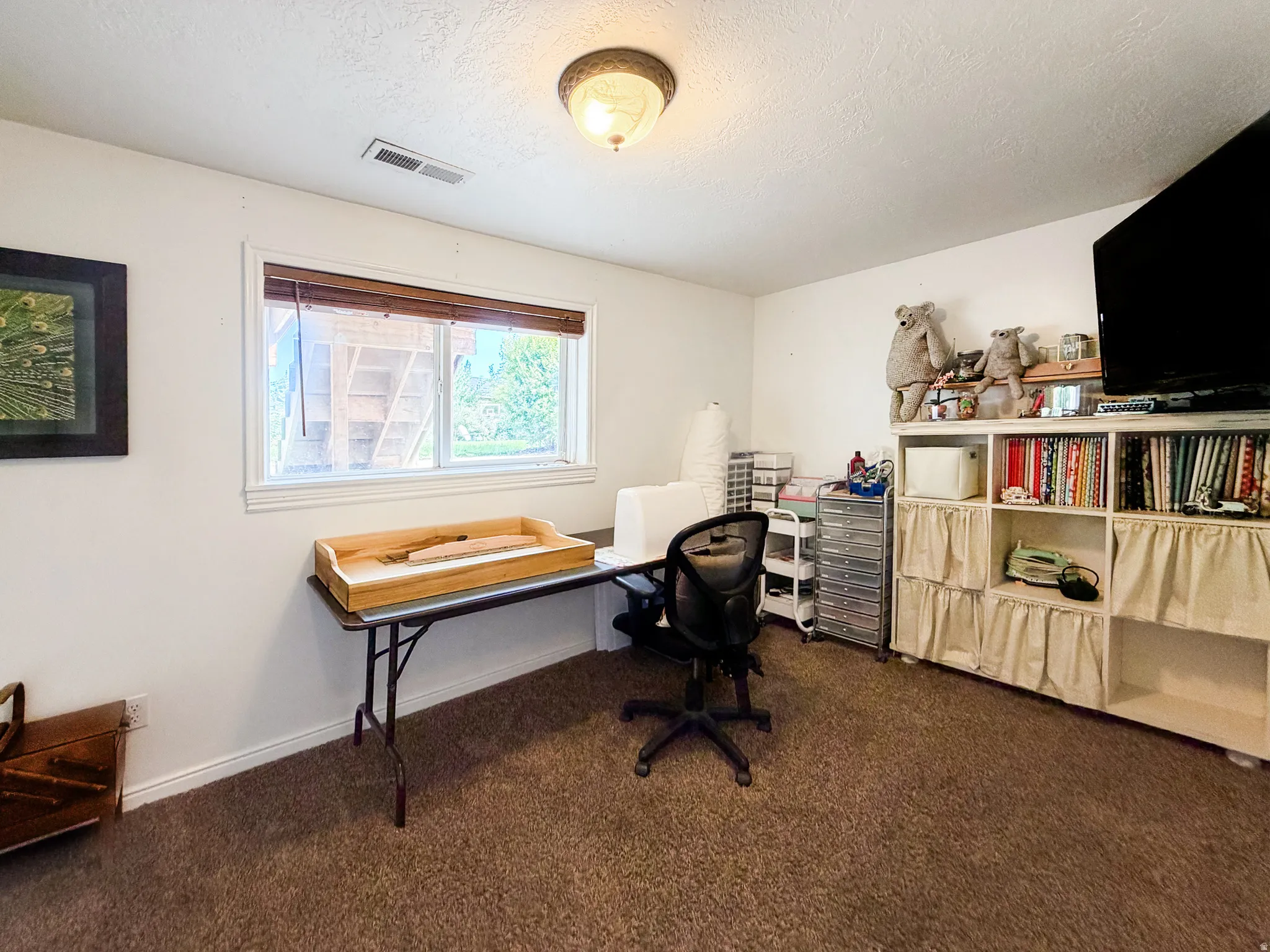 Carpeted room with a ceiling-mounted light fixture, white walls, and a window with wood-finish blinds
