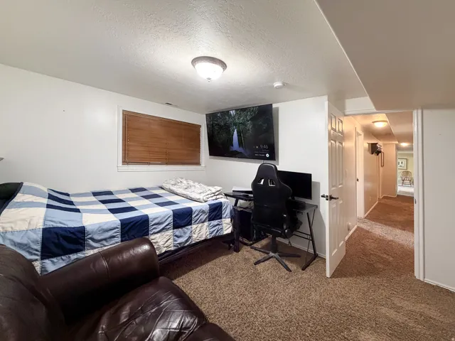 Carpet flooring, recessed window with blinds, interior door, and hallway access
