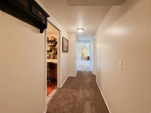 Hallway with plush carpet flooring and overhead lighting