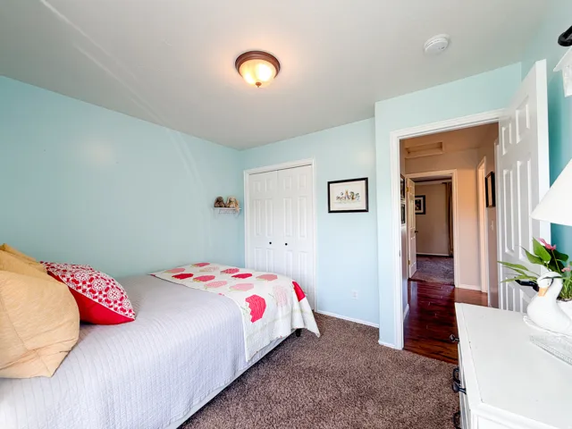 Light blue painted walls with ceiling-mounted light fixture
