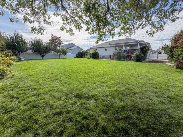 Expansive green lawn with a white privacy fence, mature trees, and a multi-level deck
