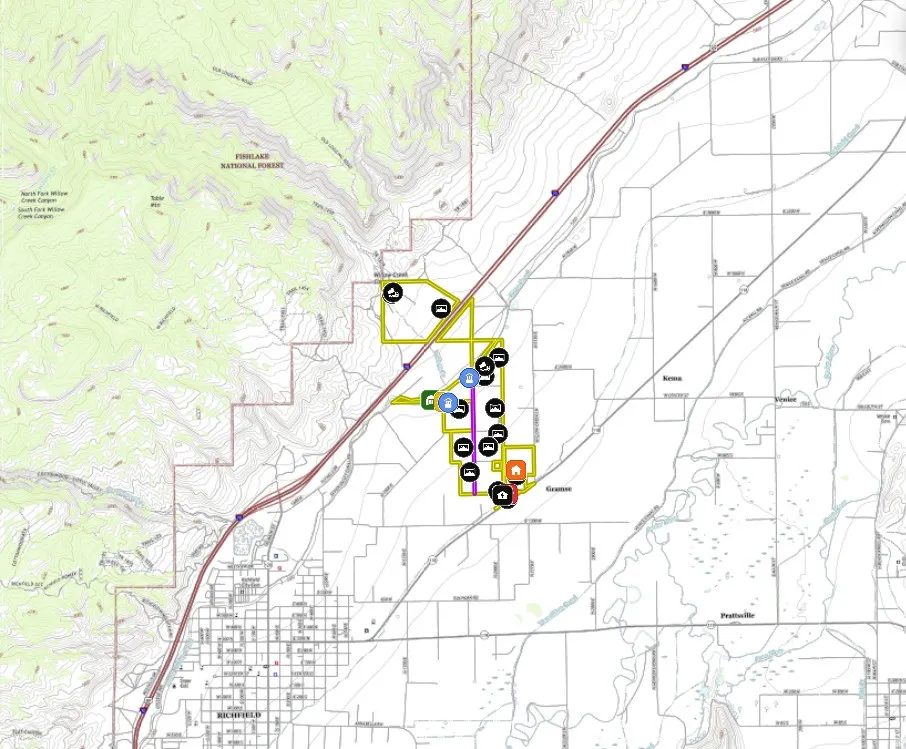 Geographic Map. Displaying terrain, road infrastructure, and property boundaries within a regional context