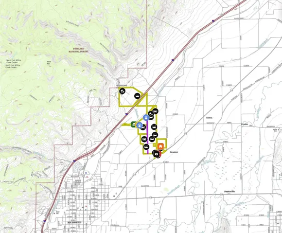 Geographic Map. Displaying terrain, road infrastructure, and property boundaries within a regional context