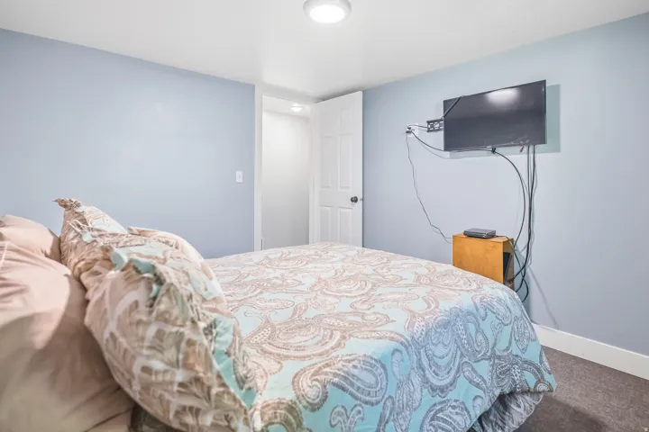 Recessed ceiling light, carpeted flooring, wall-mounted television, and a white interior door