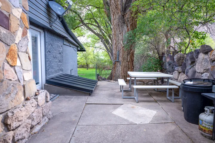 Stone veneer exterior with dark siding, concrete patio, and mature trees