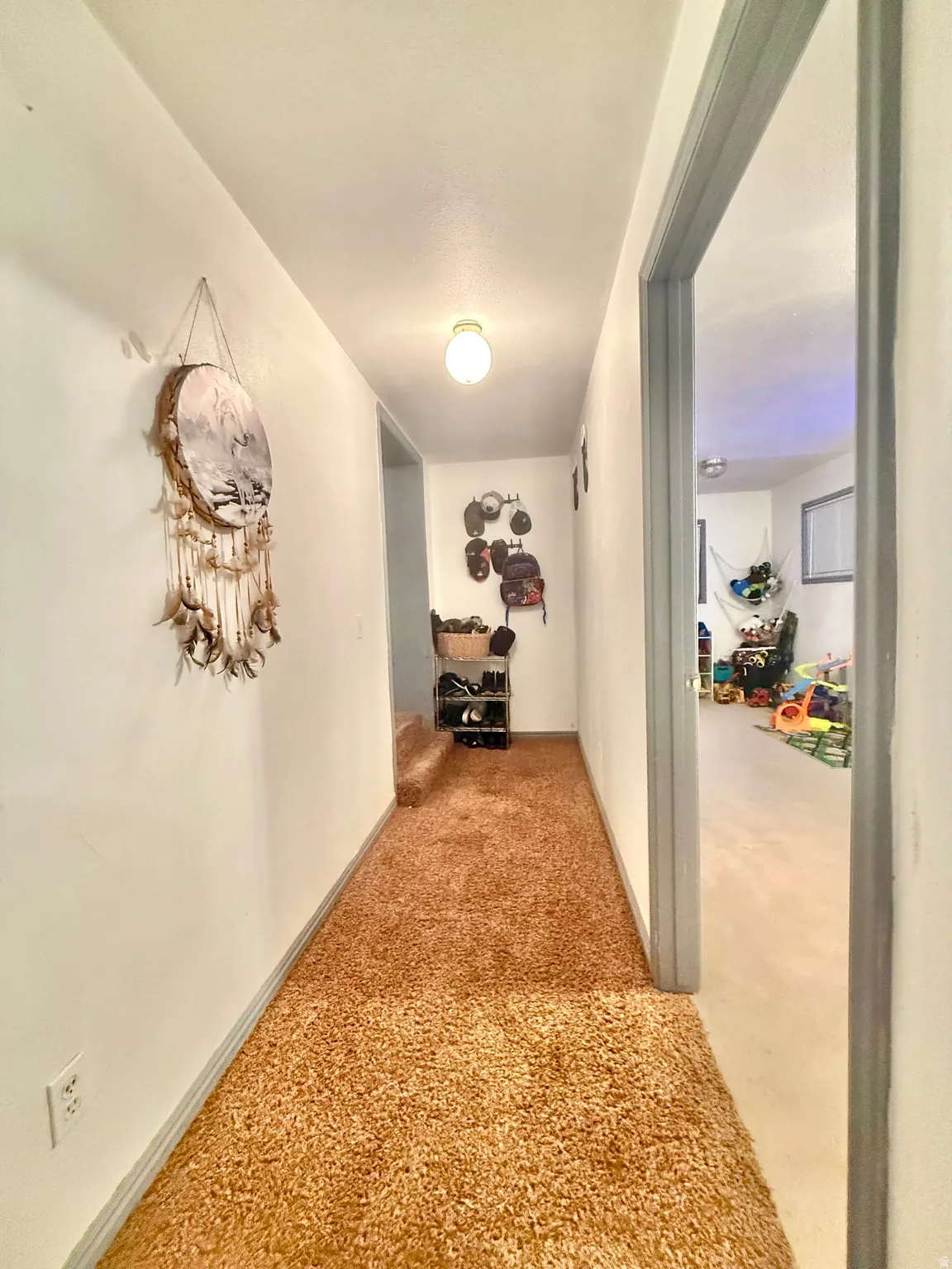 Hallway featuring wall-to-wall carpeting and a ceiling-mounted light fixture