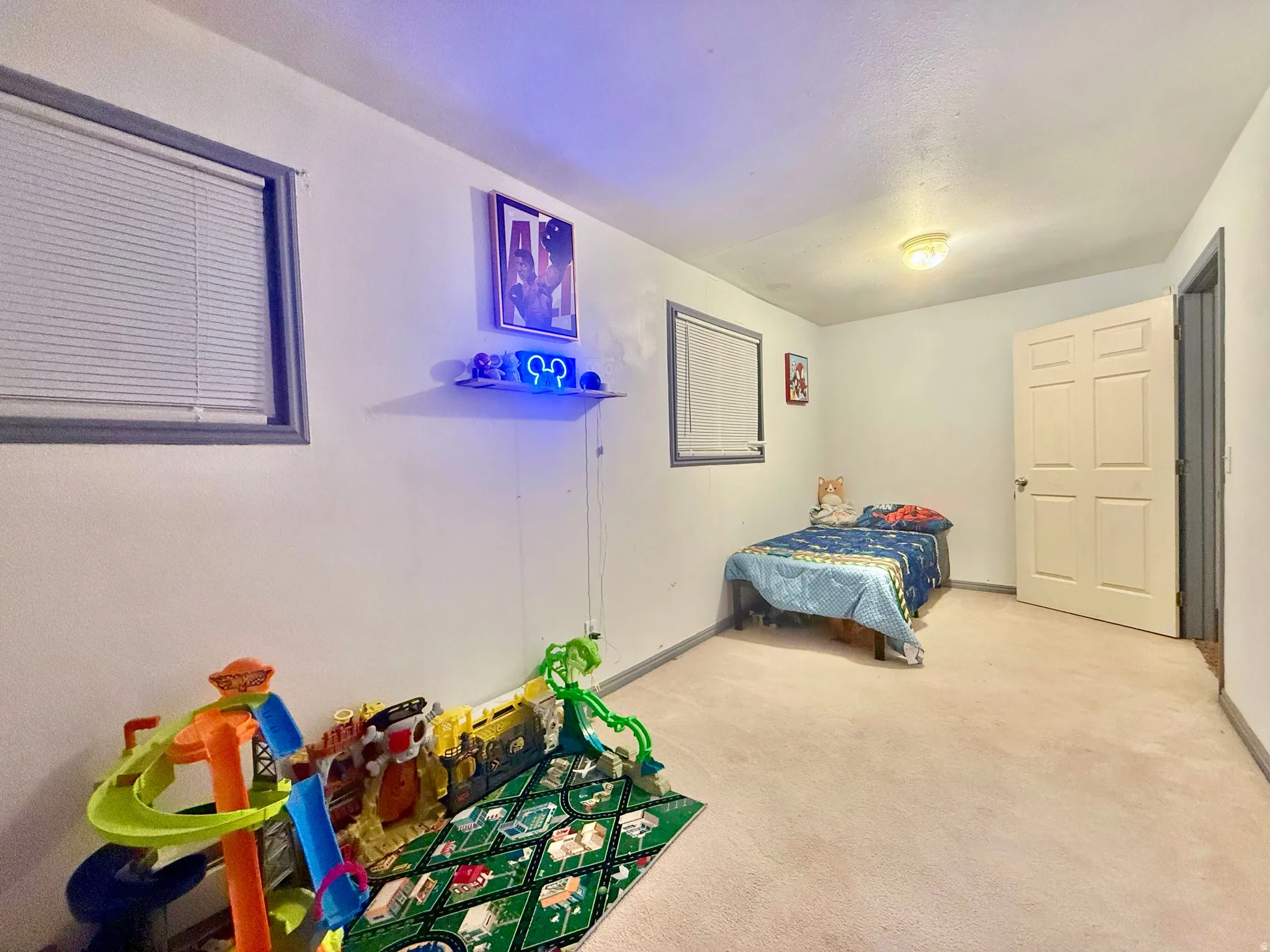 Carpeted flooring, white walls, and a ceiling-mounted light fixture
