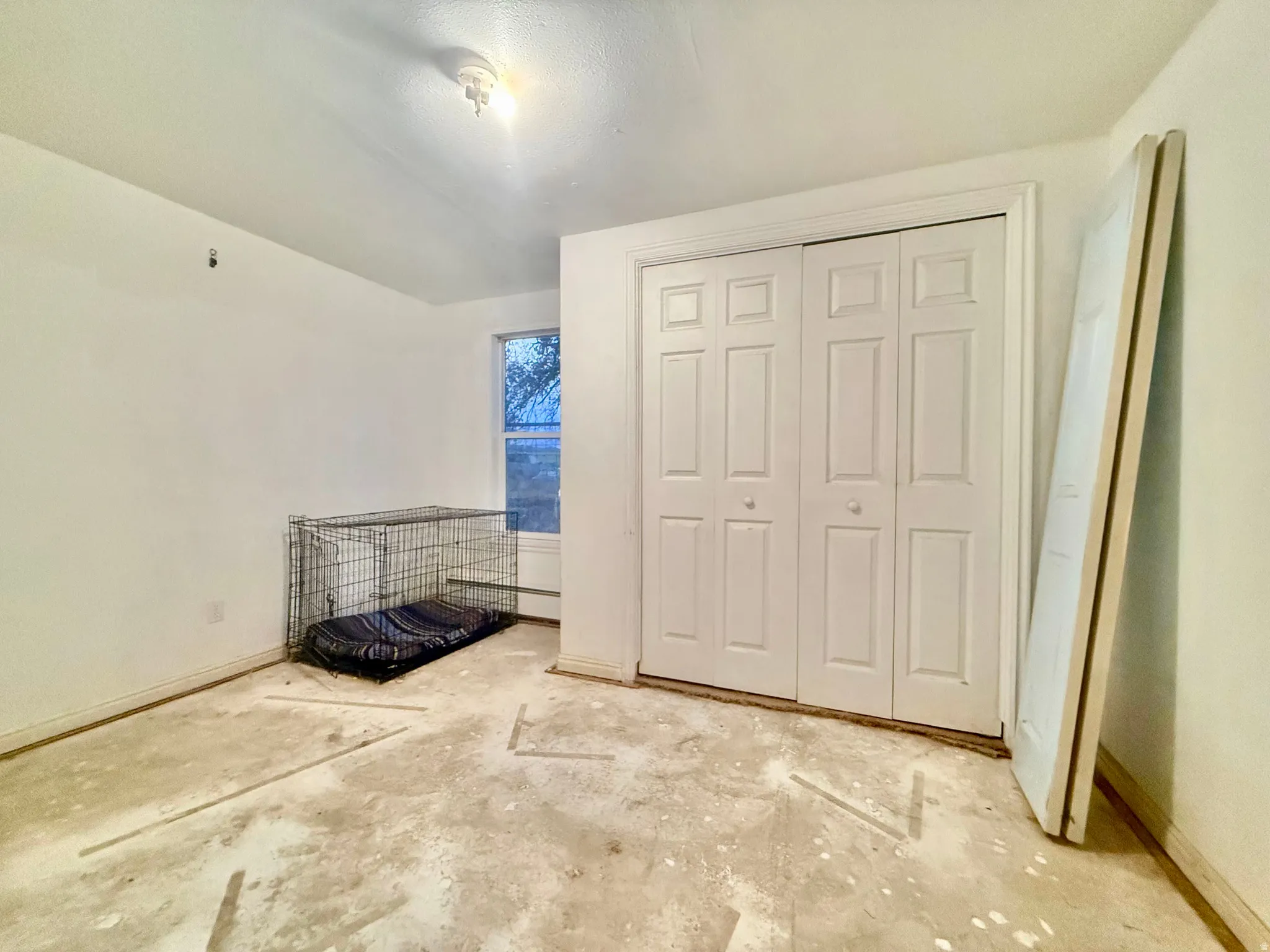 Recessed window, paneled closet doors, and a ceiling-mounted light fixture