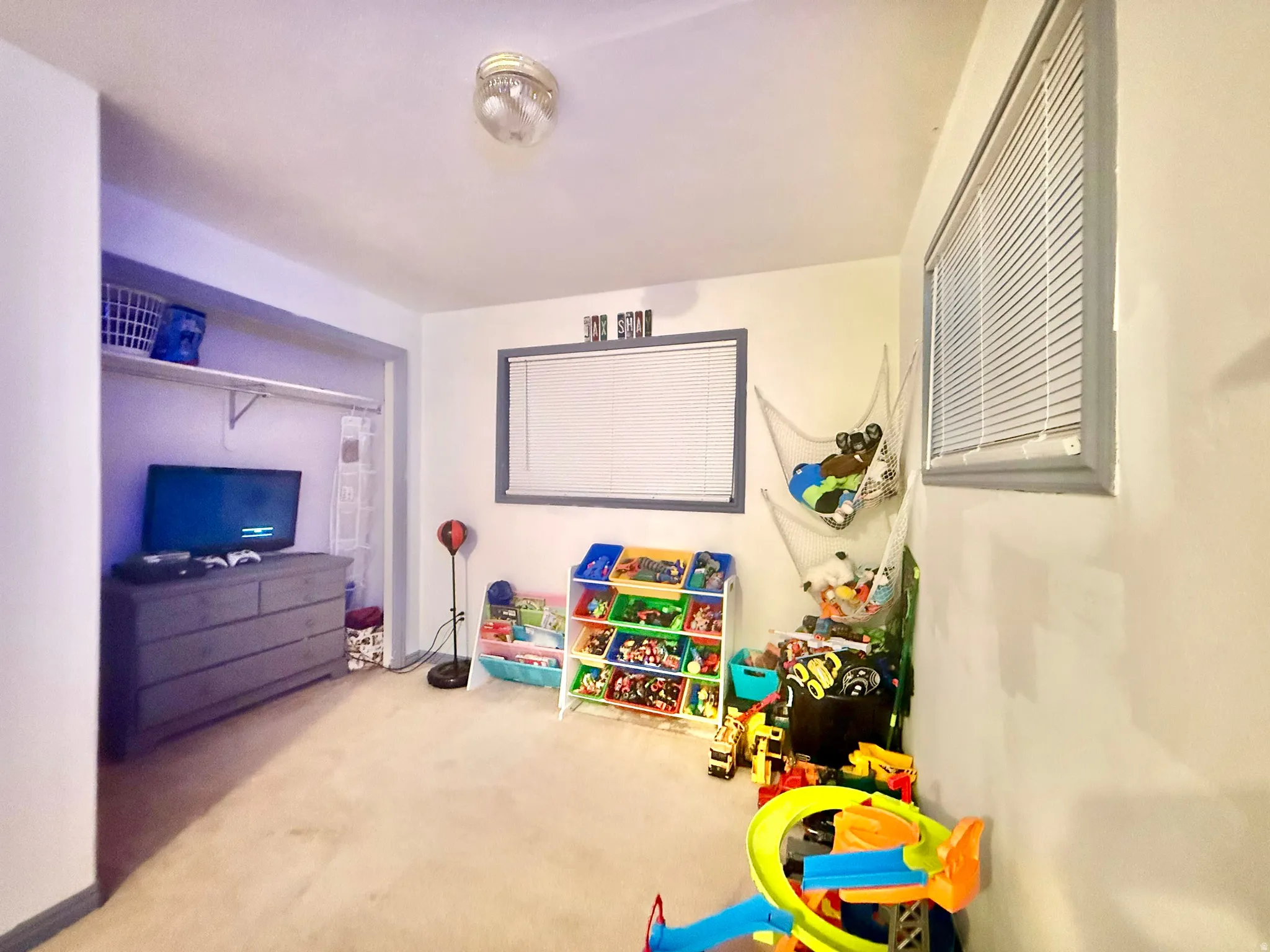 Recessed closet with a built-in shelf, two windows with blinds, and a ceiling-mounted light fixture