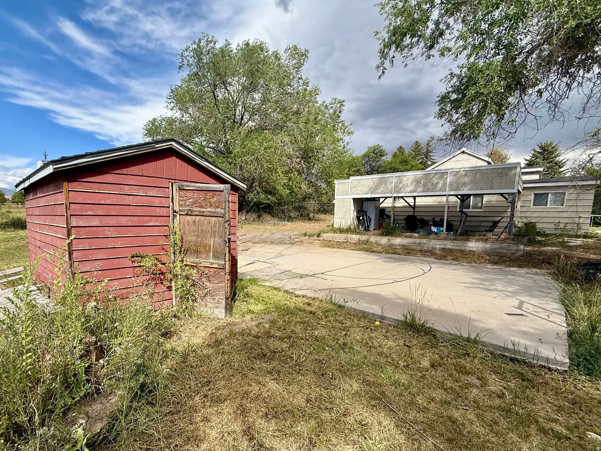Red wood-sided shed with a single wood door