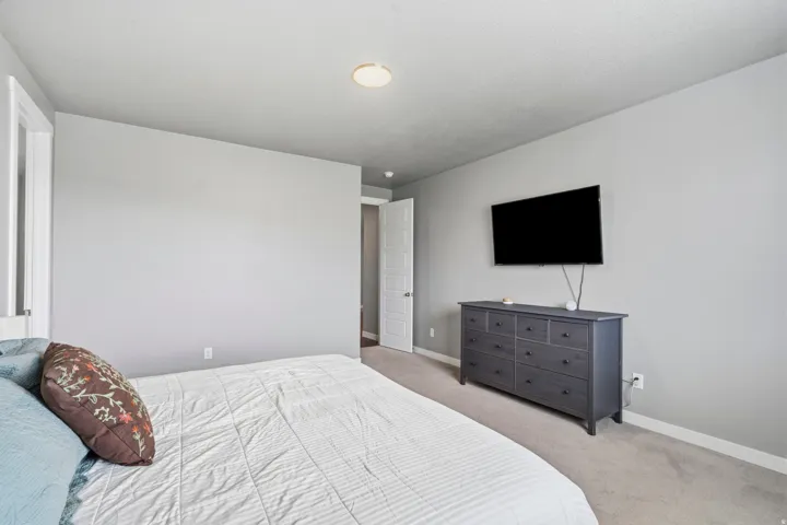 Wall-mounted television with visible wiring, built-in ceiling light, and carpet flooring