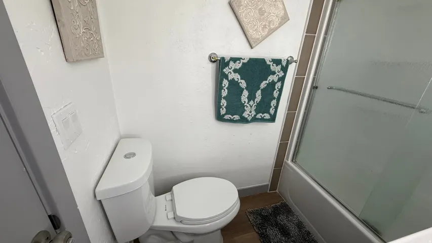 White toilet, shower with frosted glass enclosure, and wood-finish flooring